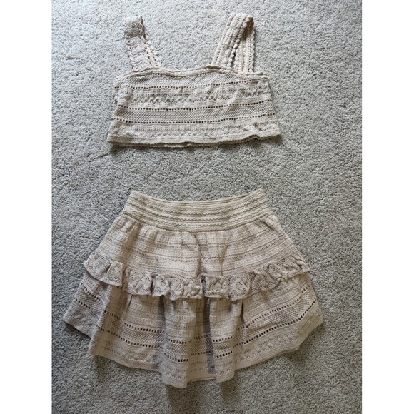 aerie Dresses & Skirts - Aerie Crochet Matching Set Beige Crop Top Tiered Ruffle Mini Skirt Small Boho